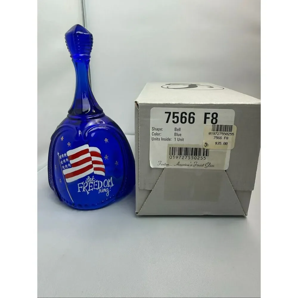 Fenton Cobalt Blue “Let Freedom Ring” Hand-Painted Bell – Stars & Stripes 2001 –